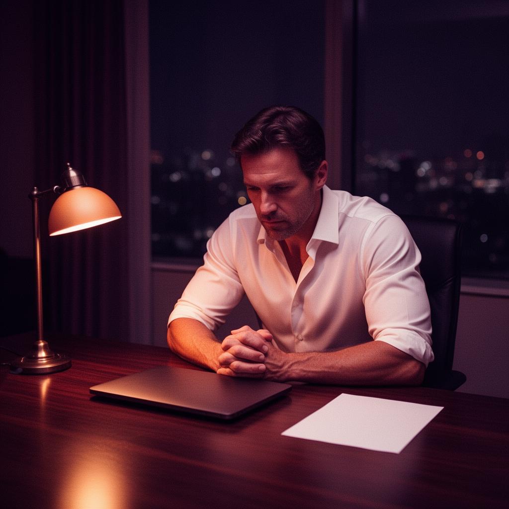 A composed man in his 40s sitting alone at an executive desk after hours, single warm desk lamp lighting the room, jaw set, eyes forward — in command and quietly hollow